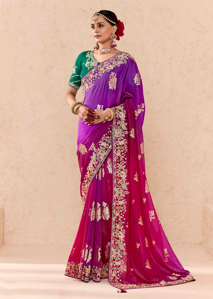 Magenta Purple Heavy Embroidered Designer Silk Saree