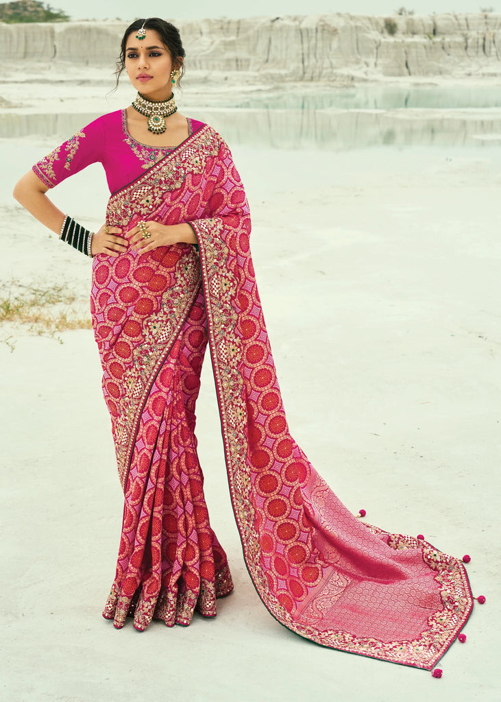 Queen Pink Woven Georgette Bandhej Designer Saree
