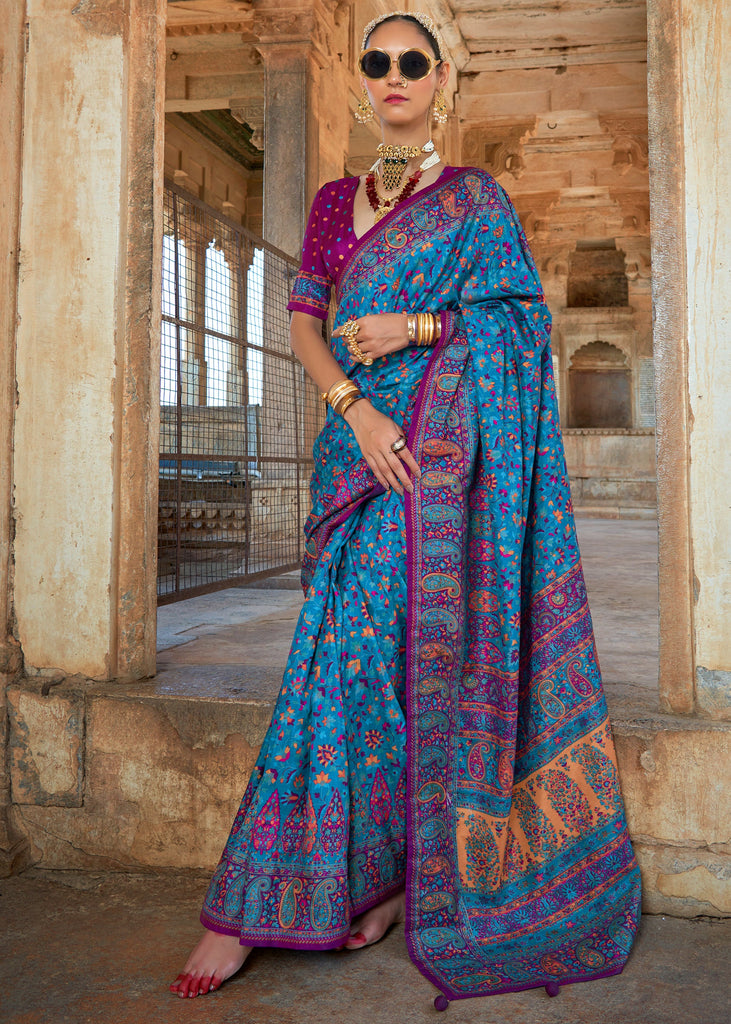 Heritage Blue Printed Kashmiri Jamewar Saree