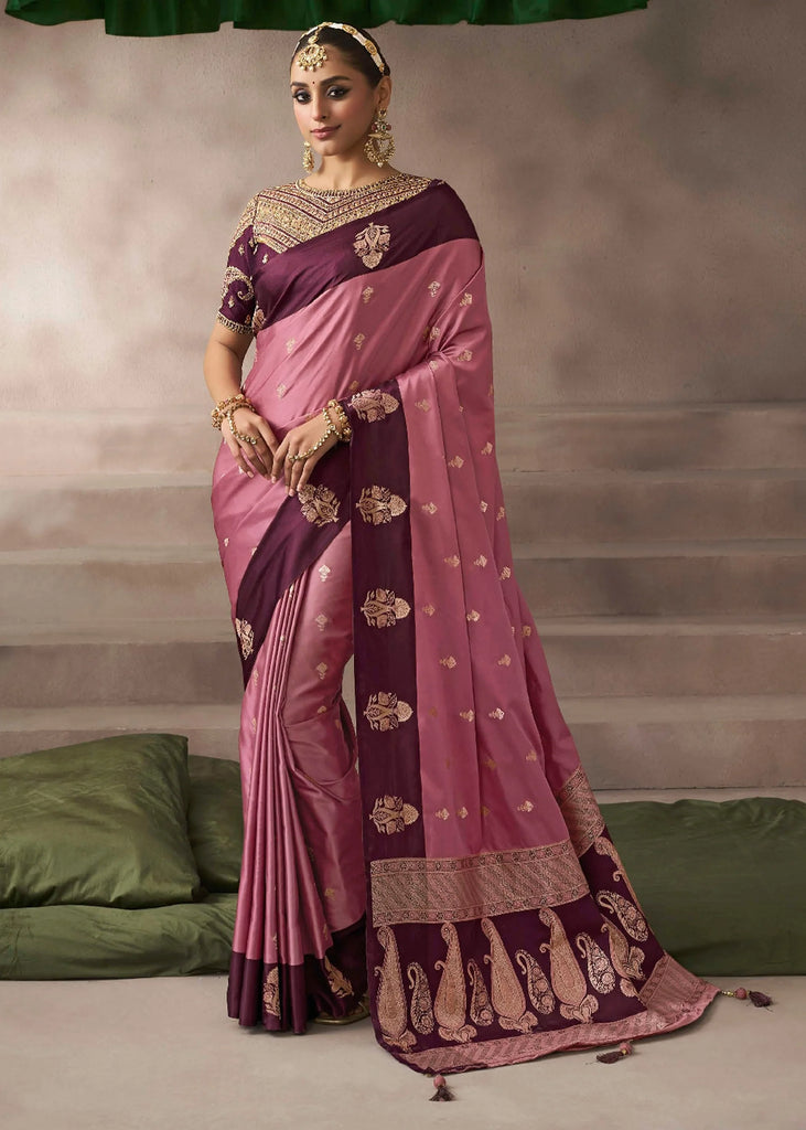 “Exclusive Offer” : Mauve Pink Woven Banarasi Satin Silk Saree