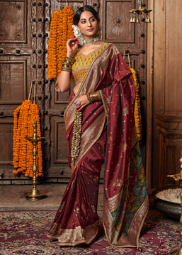 Ochre Red Woven Banarasi Silk Saree With Embroidered Blouse