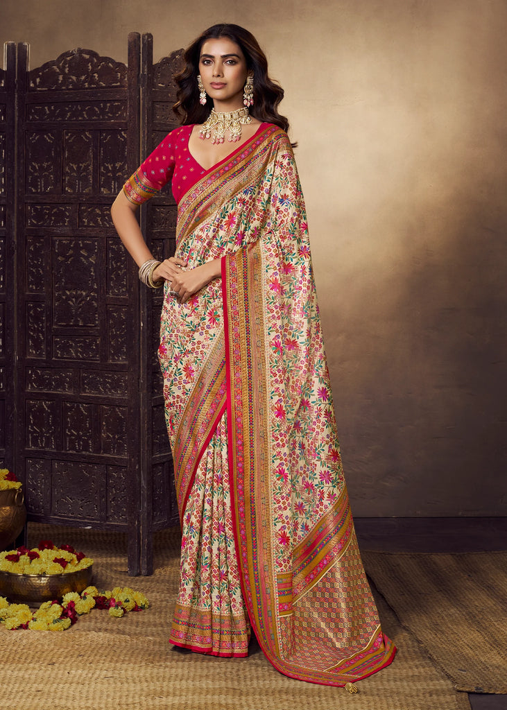Cream And Pink Woven Soft Silk Saree