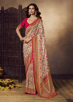 Cream And Pink Woven Soft Silk Saree