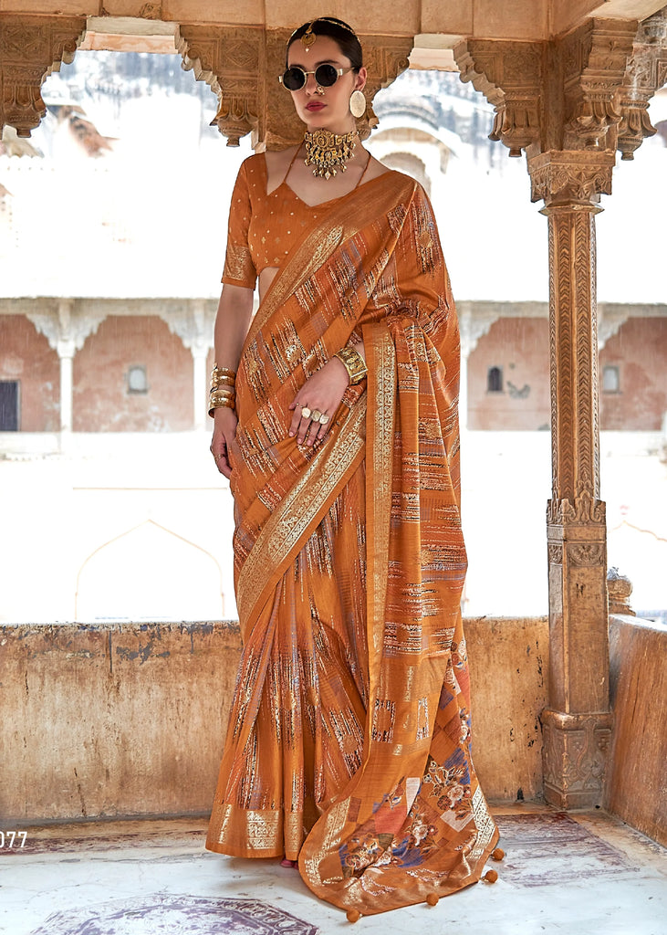 Burnt Orange Printed Soft Silk Saree