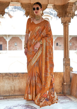 Burnt Orange Printed Soft Silk Saree