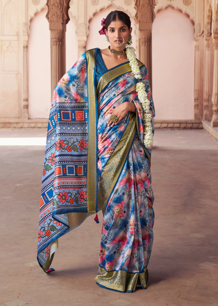 Victoria Blue Banarasi Digital Printed Silk Saree