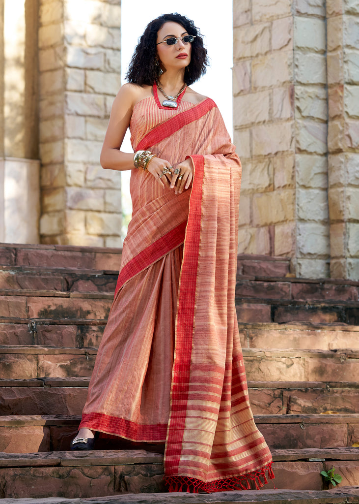 Coral Peach Woven Cotton Linen Saree