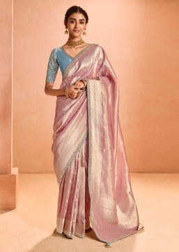 Soft Pink Woven Banarasi Designer Tissue Silk Saree With Embroidered Blouse