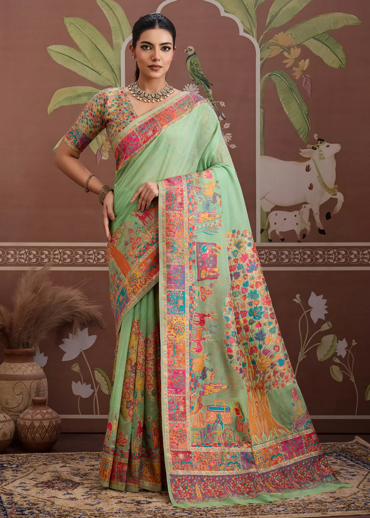 Pista Green Woven Cotton Kashmiri Jamewar Saree