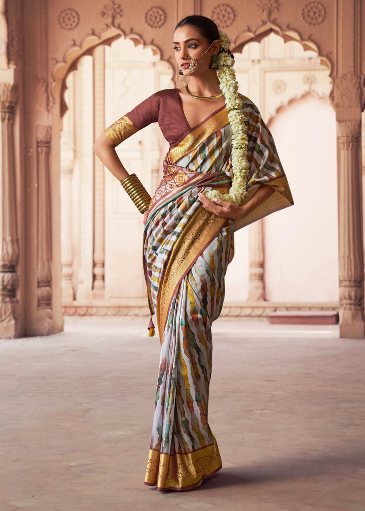 White And Brown Banarasi Digital Printed Silk Saree