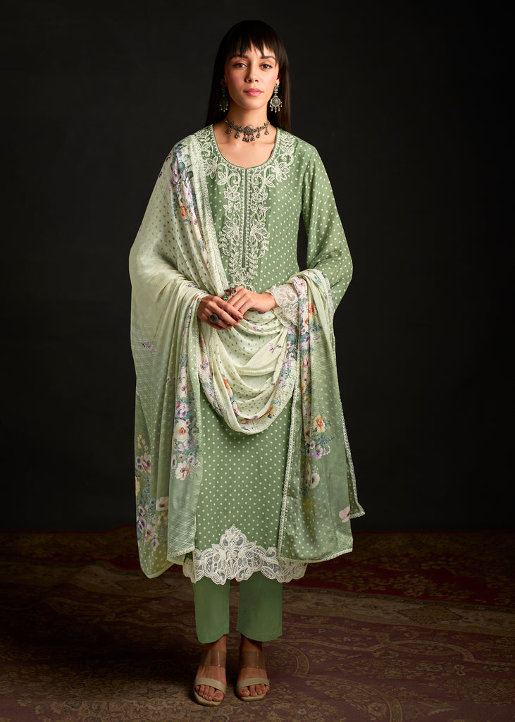 Spring Green Embroidered Suit Set With Digital Print