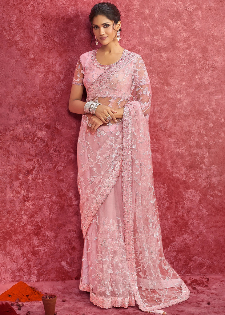 Pink Embroidered Designer Net Saree