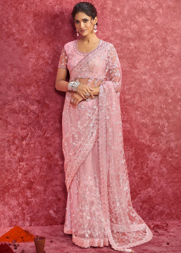 Pink Embroidered Designer Net Saree