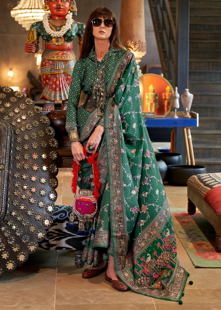 Hunter Green Printed Soft Silk Saree