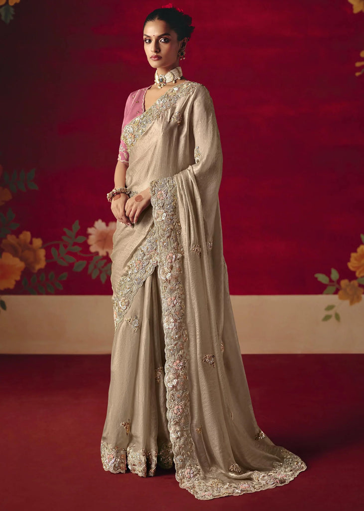 Powder Grey Designer Embroidered Saree