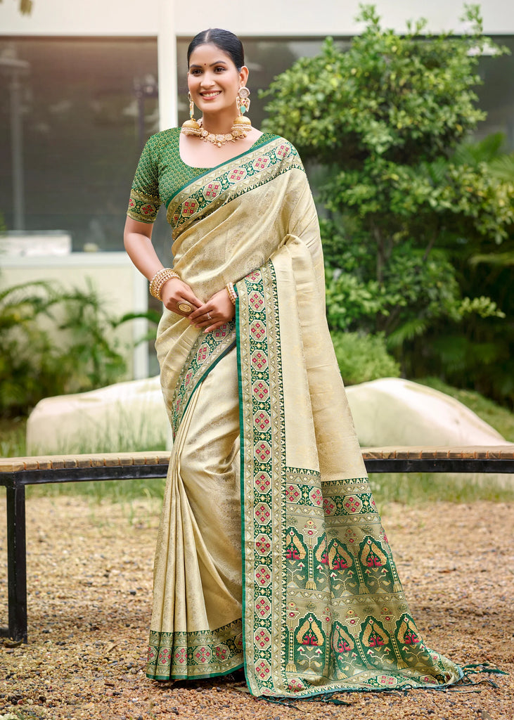 Beige Green Woven Banarasi Silk Saree