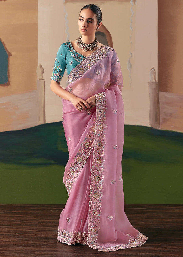 Light Pink Embroidered Designer Silk Saree