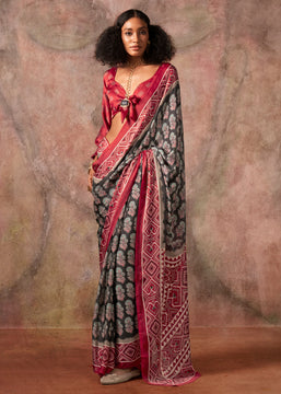 Olive Black Printed Crepe Satin Silk Saree