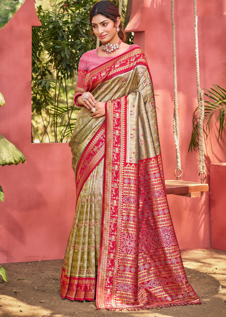 Olive Green Woven Kanjivaram Silk Saree