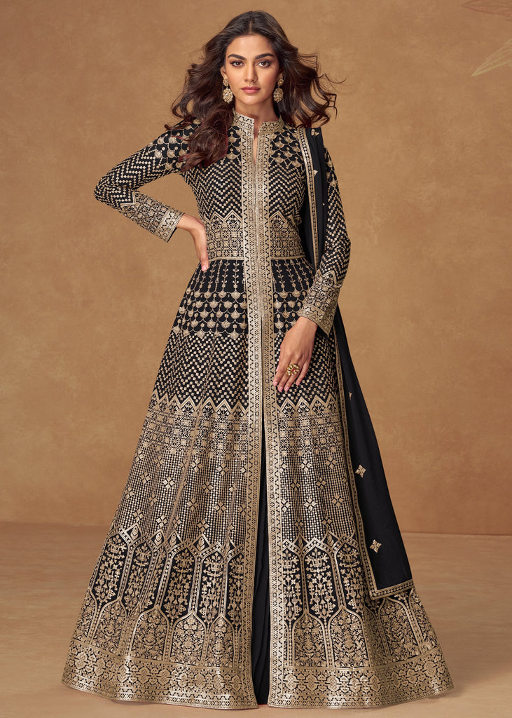 Caviar Black Embroidered Georgette Anarkali with Dupatta