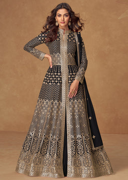 Caviar Black Embroidered Georgette Anarkali with Dupatta