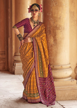 Apricot Yellow Printed Patola Silk Saree