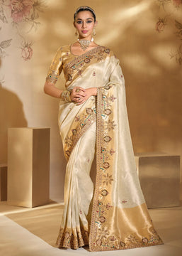 Vanilla Cream Designer Embroidered Silk Saree