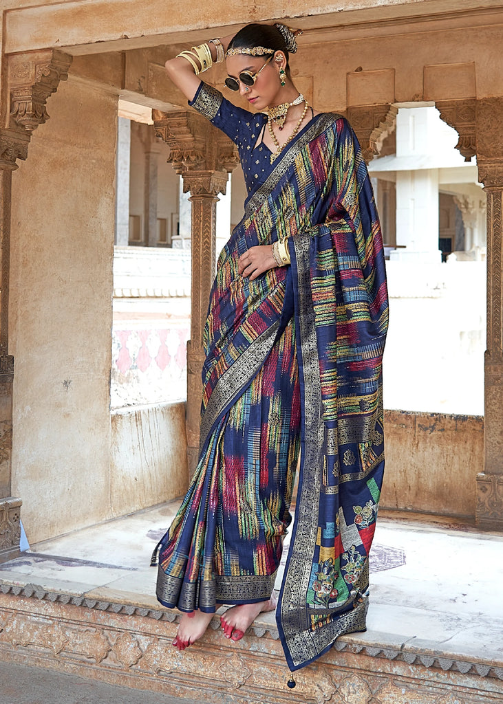 Navy Blue Printed Soft Silk Saree