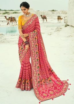 Rani Pink Woven Georgette Bandhej Designer Saree