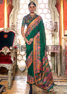 Hunter Green Printed Kashmiri Jamewar Saree