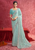 Aqua Blue Embroidered Designer Saree