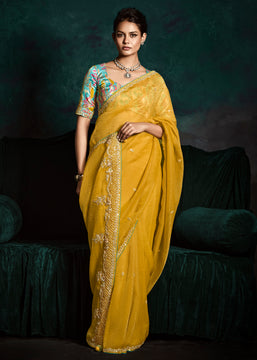 Mimosa Yellow Designer Tissue Silk Saree With Printed Blouse