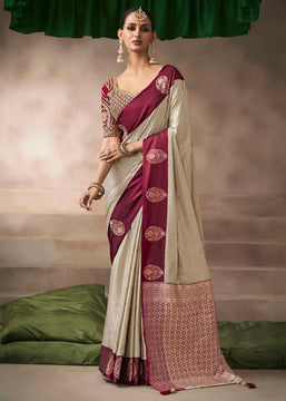 “Exclusive Offer” : Beige & Maroon Woven Banarasi Satin Silk Saree