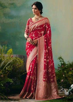 Crimson Red Woven Embroidered Banarasi Silk Saree