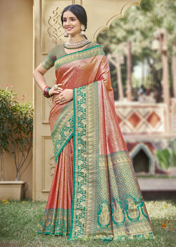 Peach And Green Woven Kanjivaram Silk Saree