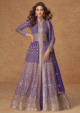 Deep Lavender Embroidered Georgette Anarkali with Dupatta