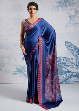 Ultramarin Blue Satin Silk Saree with Ajrakh Printed Pallu and Blouse