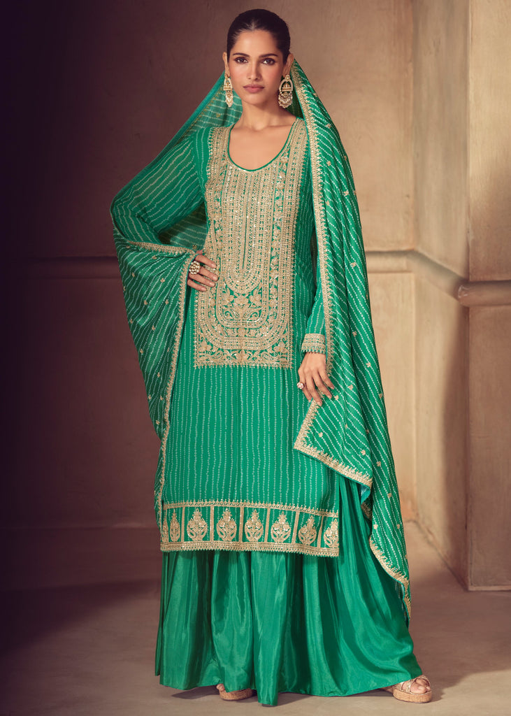 Arcadia Green Embroidered Bandhej Sharara Suit Set