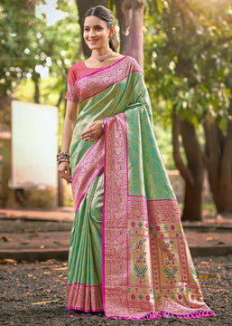 Golden Green Woven Kanjivaram Silk Saree