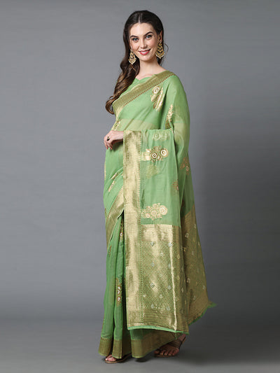 LIME GREEN WOVEN BANARASI SILK SAREE (6868393689281)