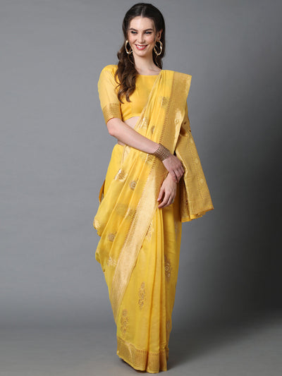 SUNNY YELLOW WOVEN BANARASI SILK SAREE (6868416135361)