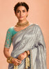 Silver Grey Woven Banarasi Designer Tissue Silk Saree With Embroidered Blouse