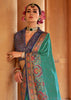 Teal Green Printed Silk Saree With Contrast Blouse