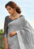 FROSTY GREY WOVEN LINEN SAREE WITH KHADI PRINT BLOUSE (6713088737473)