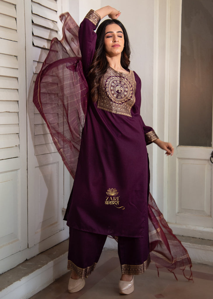 Aubergine Zari Maroon Cotton Suit (10702021034177)