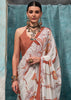 White And Brown Satin Crepe Printed Silk Saree
