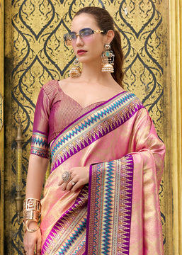 Golden Pink Tissue Banarasi Silk Saree with Contrast Border