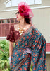 Strom Blue Satin Crepe Digital Printed Saga Saree With Contrast Blouse