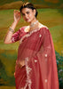 Earthy Red Heavy Embroidered Designer Silk Saree With contrast Blouse