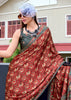 Ochre Red Satin Crepe Digital Printed Saga Saree With Contrast Blouse